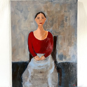 Original Figurative Painting Woman in Blue Skirt and Red Blouse Acrylic Art 12x16