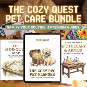 Könnte beinhalten: Das Cozy Quest Pet Care Bundle. Das Bild zeigt ein Tablet mit einer Hundeillustration und dem Text "The Cozy RPG Pet Planner". Weitere Elemente sind eine Spielkonsole, Flaschen und Ratgeber mit dem Text "The Side-Que Map" und "Apothecary & Armor".