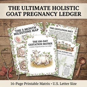 May include: A 16-page printable goat pregnancy ledger titled The Ultimate Holistic Goat Pregnancy Ledger, featuring The 5-Month Milestone Map, The Gestation Diet, and The 150-Day Gestation Matrix with a goat illustration, a stethoscope, and a measuring spoon.