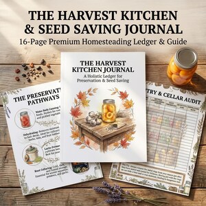 May include: The Harvest Kitchen & Seed Saving Journal, a 16-page homesteading ledger and guide. The set includes a central journal with a watercolour illustration of a jar of peaches on a wooden table, surrounded by autumn leaves and garlic.