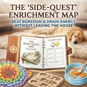 Könnte beinhalten: Ein offenes braunes, ledergebundenes Buch mit dem Titel "The Side-Quest Map" mit einem Kompass-Design und einem schlafenden Golden Retriever. Das Bild zeigt auch ein Holzpuzzle, ein buntes blumenförmiges Spielzeug und eine Schüssel mit Futter. Der Text lautet "Beat Boredom & Drain Energy Without Leaving The House."