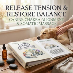 Op de afbeelding: Een boek getiteld "Canine Chakra Alignment" met een hondenillustratie, open naast een ander boek. De afbeelding bevat een golden retriever, een flesje etherische olie en massagestenen. De tekst luidt "Release Tension & Restore Balance".