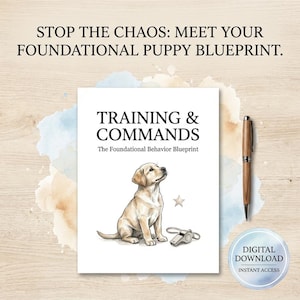 May include: A white book cover with the title "TRAINING & COMMANDS" and a puppy illustration. The text "STOP THE CHAOS: MEET YOUR FOUNDATIONAL PUPPY BLUEPRINT" is at the top. A pen and a digital download badge are also visible.