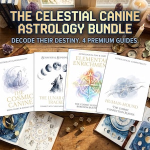以下が含まれることがあります： 「The Celestial Canine Astrology Bundle」は、4つのプレミアムガイドが含まれています。ガイドは、占星術、性格、行動、相性などのトピックをカバーしています。各ガイドには、犬、月、星のイラストが掲載されています。