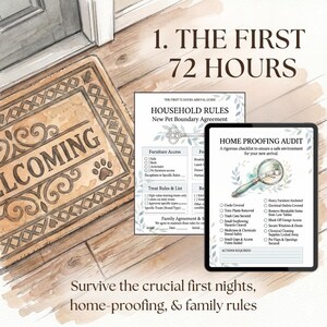 May include: A welcome mat with a paw print design sits near a door. Beside it are printed guides for new pet owners, including household rules and a home-proofing audit checklist. The text reads "The First 72 Hours" and "Survive the crucial first nights, home-proofing, & family rules."