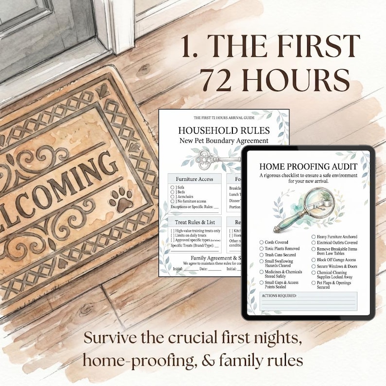 May include: A welcome mat with a paw print design sits near a door. Beside it are printed guides for new pet owners, including household rules and a home-proofing audit checklist. The text reads "The First 72 Hours" and "Survive the crucial first nights, home-proofing, & family rules."