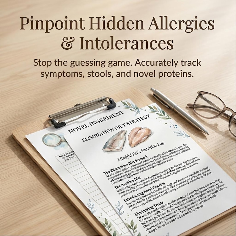 May include: A clipboard with printed documents about pet nutrition and allergy elimination. The documents include text and illustrations of food items. A pen, glasses, and a magnifying glass are also on the clipboard.