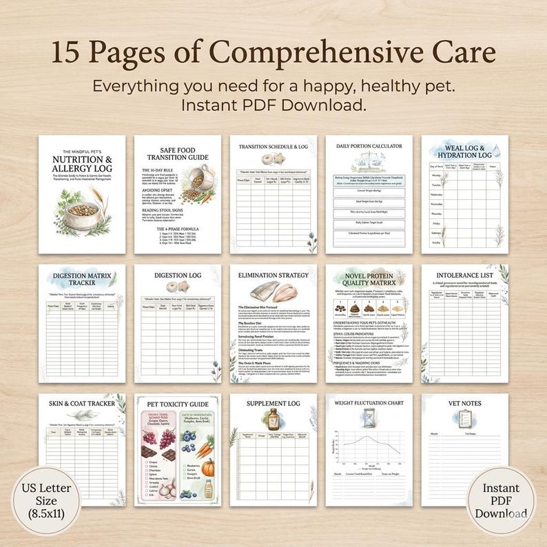 May include: A digital download featuring 15 pages of pet care logs. The pages include nutrition, allergy, and digestion trackers, a safe food transition guide, and a weight fluctuation chart. The US Letter size is 8.5x11 inches.
