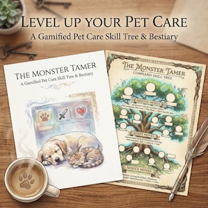 Peut inclure: Deux pages illustrées intitulées "The Monster Tamer" et "Command Skill Tree" avec un chien et un chat dormant sur l'une d'elles. Une tasse à café avec une empreinte de patte est au premier plan. Le texte "Level Up Your Pet Care" est en haut.