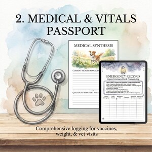 May include: A medical and vitals passport with a stethoscope, paw print, and forms for medical synthesis and emergency records. The text reads "Comprehensive logging for vaccines, weight, & vet visits."