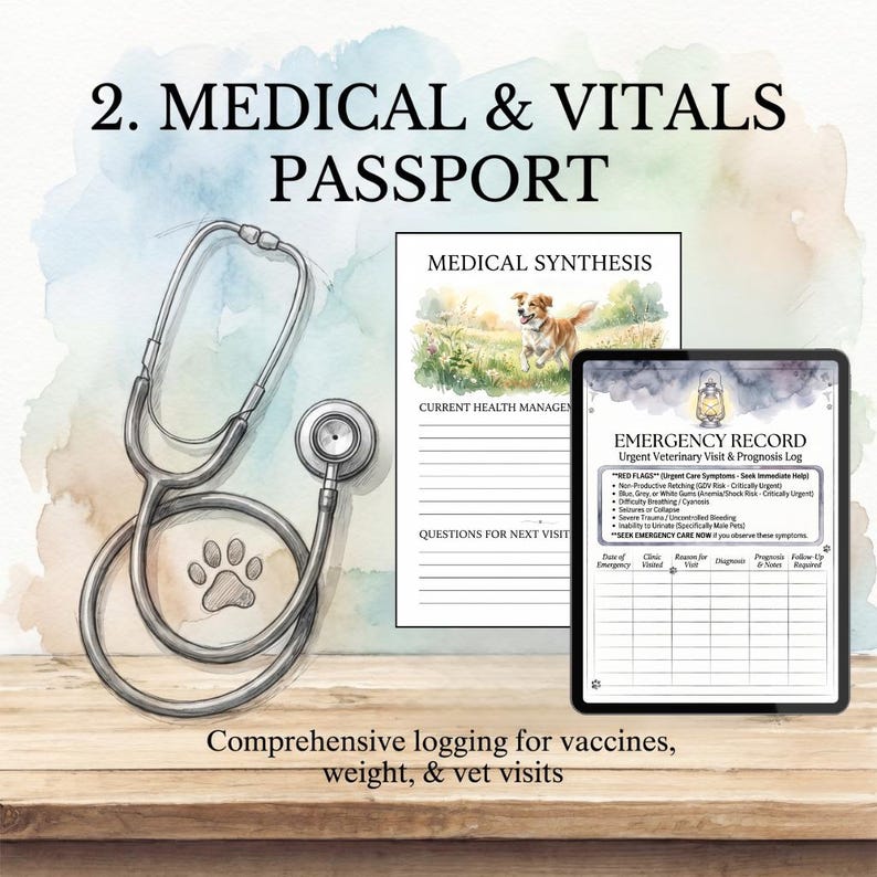 May include: A medical and vitals passport with a stethoscope, paw print, and forms for medical synthesis and emergency records. The text reads "Comprehensive logging for vaccines, weight, & vet visits."