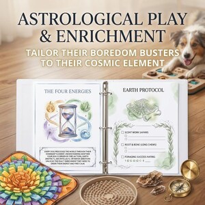 Peut inclure: Un classeur blanc avec des pages présentant des illustrations et du texte sur l'enrichissement canin. La couverture indique "ASTROLOGICAL PLAY & ENRICHMENT". À l'intérieur, des schémas représentent "THE FOUR ENERGIES" et "EARTH PROTOCOL". Un chien est visible en arrière-plan.