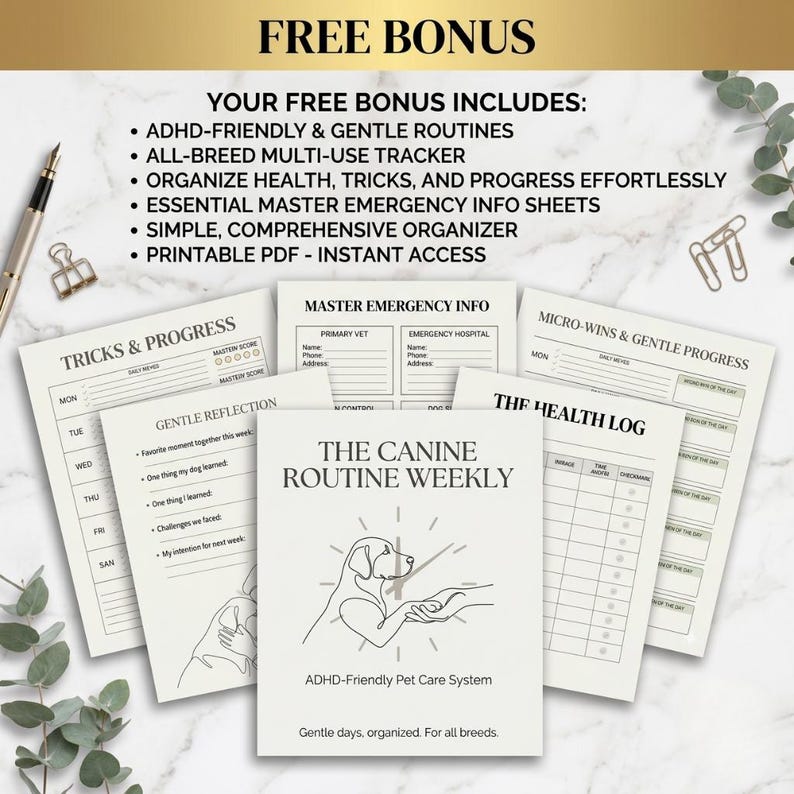 May include: A collection of printable PDF pages for pet care, including a weekly routine, health log, and emergency information sheets. The pages are white with black text and graphics, and the title "The Canine Routine Weekly" is prominently displayed.