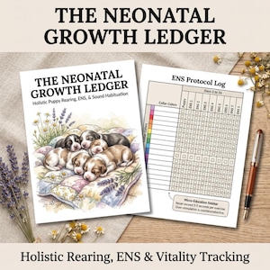 Könnte beinhalten: Ein gedrucktes Register mit dem Titel The Neonatal Growth Ledger und einer Aquarellillustration von Welpen auf einer Steppdecke. Daneben liegt ein ENS Protocol Log-Tracking-Blatt mit Spalten für Halsbandfarben und tägliche Übungen sowie ein Stift.