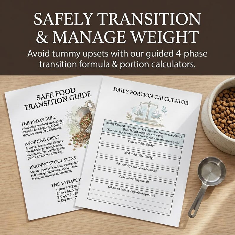 May include: Two printed guides on a wooden surface, titled "Safe Food Transition Guide" and "Daily Portion Calculator." A bowl of pet food and a measuring spoon are also present. The guides offer advice on transitioning to new pet food and managing weight.