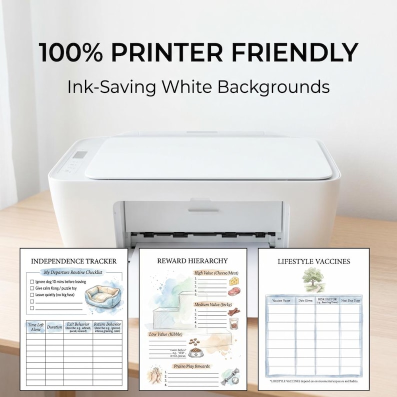May include: A white printer with three printed pages. The pages include an independence tracker, a reward hierarchy chart, and a lifestyle vaccines chart. The text on the image reads "100% Printer Friendly" and "Ink-Saving White Backgrounds."