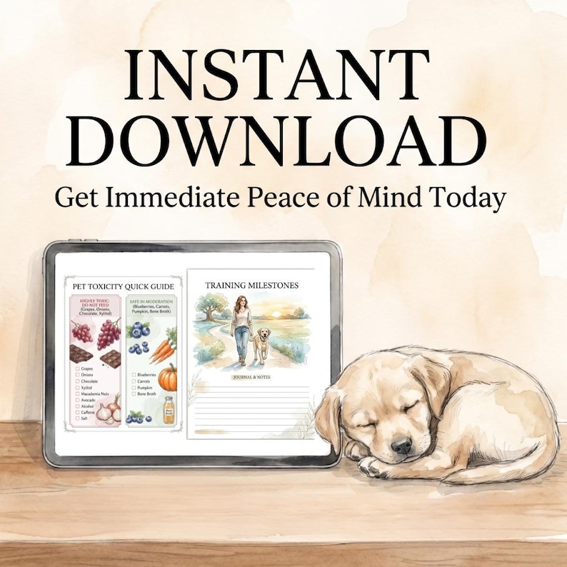 May include: A digital tablet displays a pet toxicity guide and training milestones. The text reads "INSTANT DOWNLOAD" and "Get Immediate Peace of Mind Today." A sleeping golden Labrador puppy rests beside the tablet on a wooden surface.