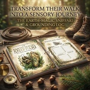 May include: An open journal titled "The Earth-Magic Sniffari & Grounding Log" with a paw print and foot illustration. A compass, acorns, and a leather leash are on a wooden surface. The text reads "Transform Their Walk Into a Sensory Journey."