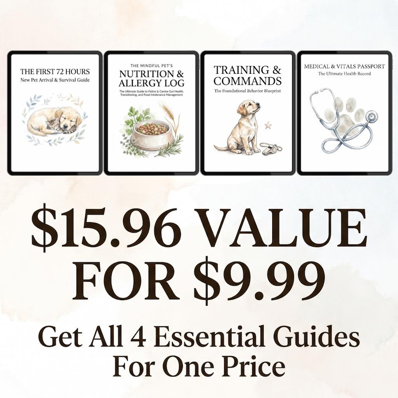 May include: Four digital guides for new pet owners. Titles include "The First 72 Hours", "Nutrition & Allergy Log", "Training & Commands", and "Medical & Vitals Passport". The guides feature illustrations of a puppy, food bowl, and stethoscope.