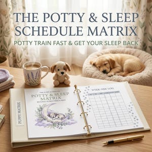 Può includere: Un raccoglitore beige intitolato "Puppy Matrix" con un programma stampato per l'addestramento alla toilette e il sonno. La copertina presenta un'illustrazione di un cucciolo su una luna crescente. Sono visibili anche un cucciolo all'uncinetto, una tazza di caffè e un cucciolo che dorme in un letto.