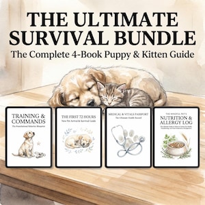 May include: The Ultimate Survival Bundle: The Complete 4-Book Puppy & Kitten Guide. The image shows a sleeping puppy and kitten. Four digital books are displayed, including "Training & Commands" and "The First 72 Hours".