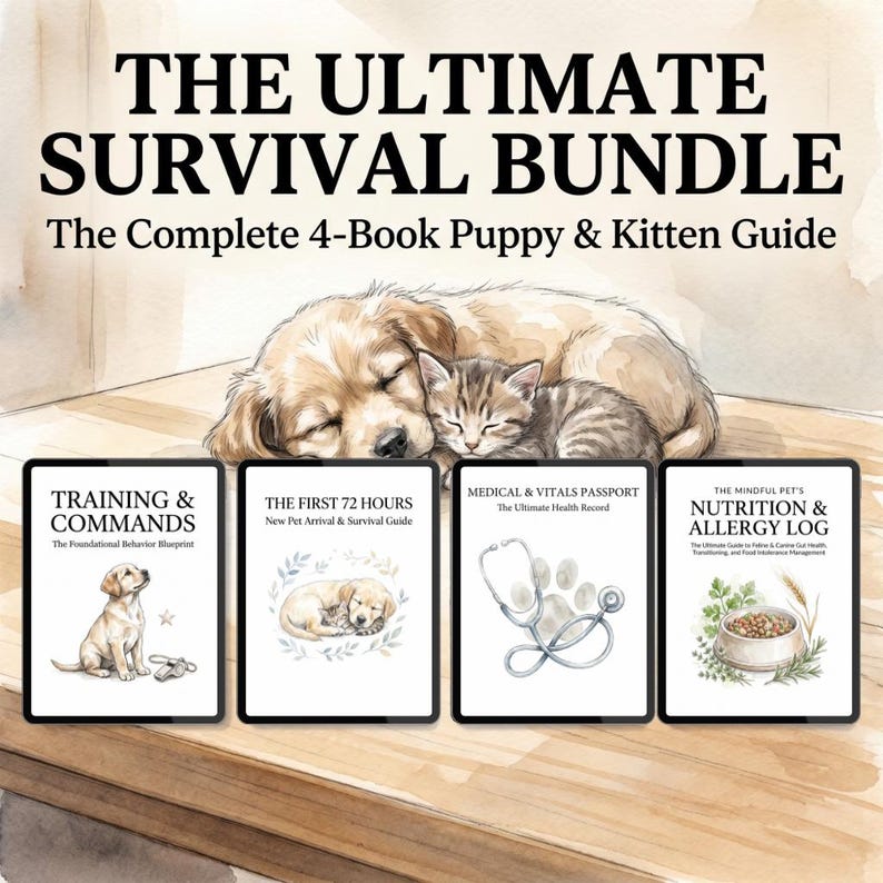 May include: The Ultimate Survival Bundle: The Complete 4-Book Puppy & Kitten Guide. The image shows a sleeping puppy and kitten. Four digital books are displayed, including "Training & Commands" and "The First 72 Hours".
