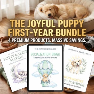 May include: The Joyful Puppy First-Year Bundle includes four premium products. The image features a sleeping puppy in a bed, a leash, a camera, and three guides: Potty & Sleep Matrix, Socialization Bingo, and The Pawsitive Puppy Playbook.
