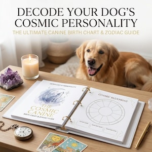以下が含まれることがあります： 背景にゴールデンレトリバーの犬がいる「The Cosmic Canine」というタイトルの開いた本。本は「Decode Your Dog's Cosmic Personality」というテキストが入った白い表紙です。その他のアイテムには、火のついたろうそく、アメジストクラスター、タロットカード、懐中時計などがあります。