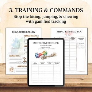 May include: A digital tablet displays a dog training guide with sections on reward hierarchy, biting logs, and destructive behavior management. The text includes "Training & Commands" and "Stop the biting, jumping, & chewing with gamified tracking."