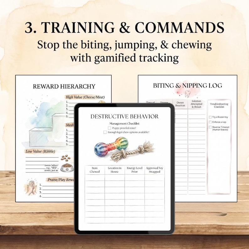 May include: A digital tablet displays a dog training guide with sections on reward hierarchy, biting logs, and destructive behavior management. The text includes "Training & Commands" and "Stop the biting, jumping, & chewing with gamified tracking."