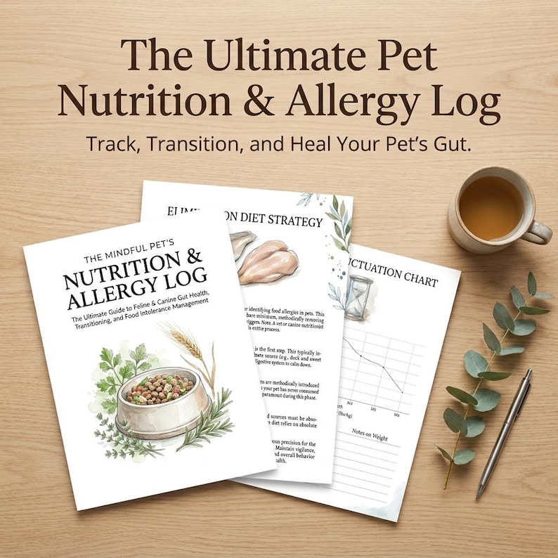 May include: A pet nutrition and allergy log with the title "The Ultimate Pet Nutrition & Allergy Log" and the subtitle "Track, Transition, and Heal Your Pet's Gut." The log includes pages with text and illustrations, a cup of tea, a pen, and greenery.