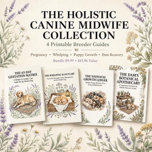 May include: A collection of four printable breeder guides titled The Holistic Canine Midwife Collection, featuring The 63-Day Gestation Matrix, The Whelping Sanctuary, The Neonatal Growth Ledger, and The Dam's Botanical Apothecary with floral illustrations.