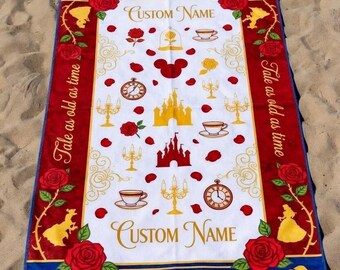 Toalla de playa personalizada de La Bella y la Bestia, toalla de piscina personalizada con los nombres de Bella y la Bestia, toalla con personajes de dibujos animados, regalo para las vacaciones de verano, regalo familiar.