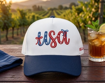 Embroidered Custom USA Hat, Personalized Patriotic Coquette Cap, American Gift, 4th of July Gift, Two Tone Trucker Hat, USA Pride, Bow USA