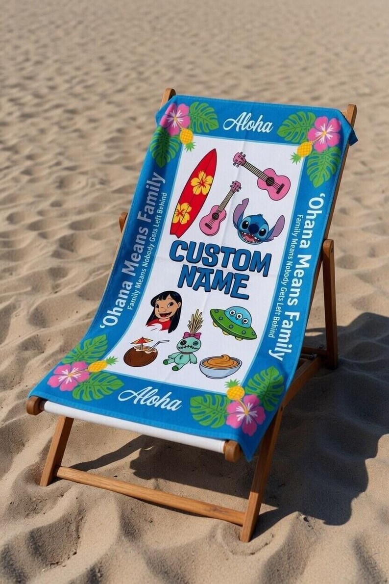 Personalized Lilo & Stitch Beach Towel, Custom Stitch Name Pool Towel, Cartoon Character Towel, Summer Vacation Gift, Family Beach Towel image 2