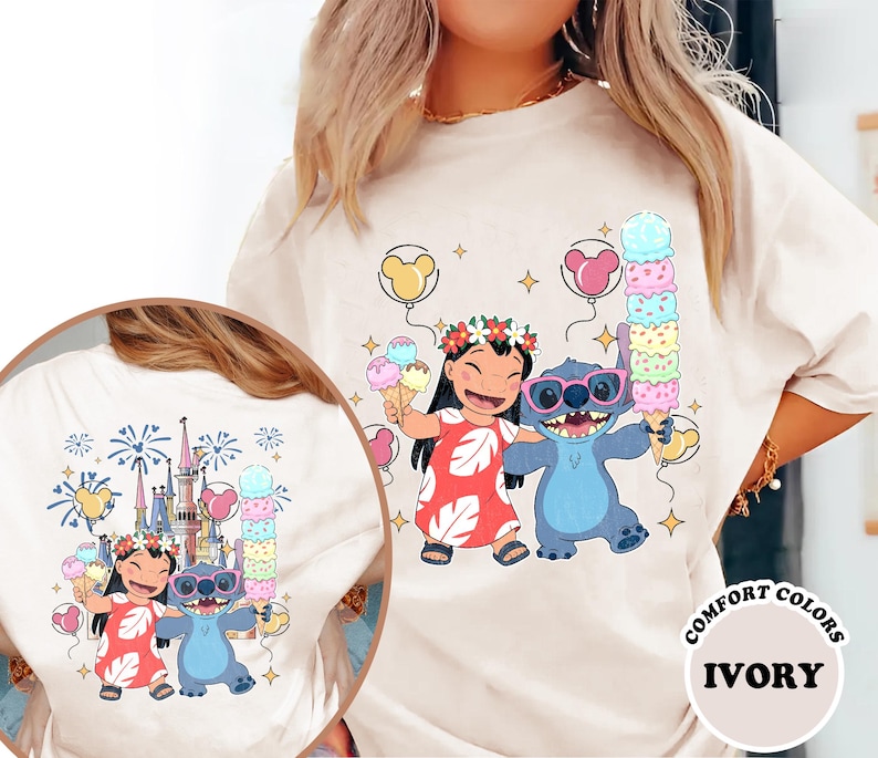 Camiseta de dos caras de Lilo y Stitch, camiseta de Stitch del Reino Mágico del Castillo de Disney, camiseta de viaje de Lilo y Stitch a Disney, camisetas para niños y adultos imagen 1