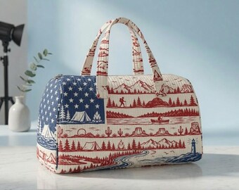 Patriotic Camper Van Quilted Weekender Bag, 4th of July Travel Duffel, American Flag Travel Tote, USA Independence Day Gift 2026