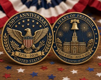 Moneda del 250 aniversario de Estados Unidos: Libertad, Águila, Banderas, Medalla del Desafío Dorado, Campana de la Libertad. Artículo conmemorativo de colección.