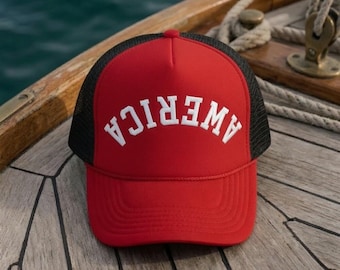 Embroidered Upside Down America Hat, Red White Blue USA Gift, Summer Hat,  Patriotic Trucker Hat, Merica Cap, 4th of July Hat