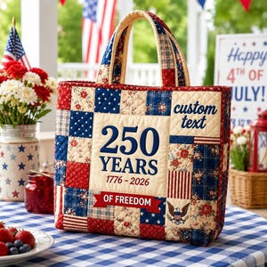 Patriotic Patchwork Quilted Tote Bag, Vintage Americana Handbag, American Flag Floral Print Shoulder Bag, USA Farmhouse Tote