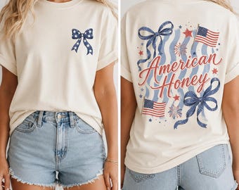 American Honey Patriotic Tee, Retro Coquette Bow Shirt, 4th Of July Independence Day USA Outfit
