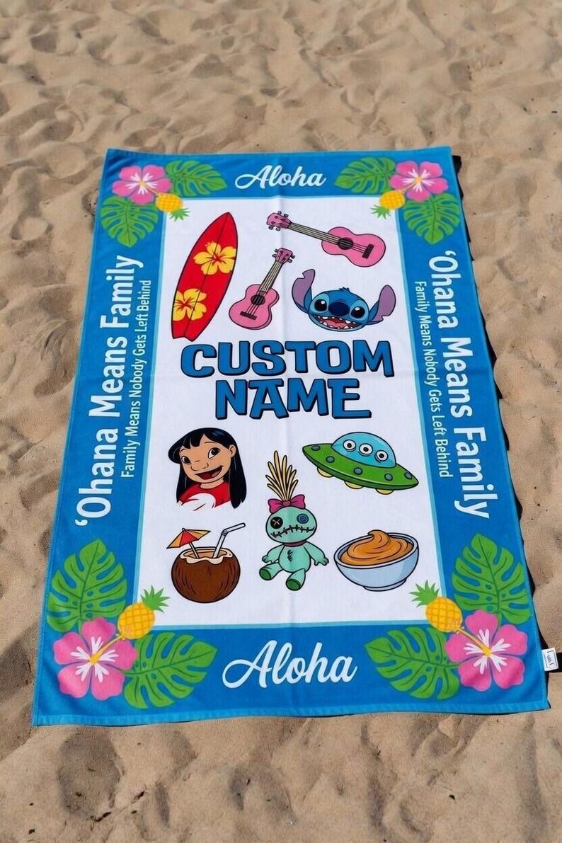Personalized Lilo & Stitch Beach Towel, Custom Stitch Name Pool Towel, Cartoon Character Towel, Summer Vacation Gift, Family Beach Towel image 1