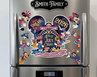 Custom Disney 4th Of July 2026 Cruise Magnet, Personalized Mickey Friends Patriotic USA Flag Family Door Magnet
