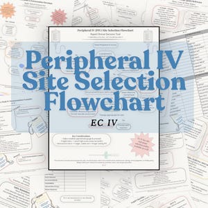 May include: A medical flowchart titled "Peripheral IV Site Selection Flowchart" with the text "EC IV" at the bottom. The chart is surrounded by other medical documents and diagrams, with a blue title overlay.