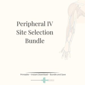 Könnte beinhalten: Medizinische Illustration mit dem Text "Peripheral IV Site Selection Bundle". Das Bild zeigt eine Armdarstellung mit hervorgehobenen Venen und eine medizinische Nadel. Der Text "Printable ~ Instant Download ~ Bundle and Save" ist ebenfalls vorhanden.