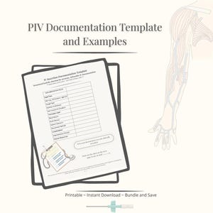May include: A PIV Documentation Template and Examples document. The template includes fields for documentation, such as date/time, site, gauge type, and technique used. The image also includes a diagram of an arm and a medical needle.