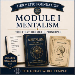 Puede incluir: Un libro azul oscuro titulado MENTALISM THE FIRST HERMETIC PRINCIPLE con una ilustración de cerebro dorado, un libro abierto que muestra texto sobre el principio del mentalismo y dos tarjetas rituales beige con un perfil de cabeza humana.