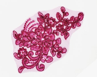 Floral sequin applique, fuchsia, embroidered trim, match your custom leotard, dance costume, or DIY hair piece, raspberry bright pink fuscia