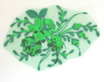 Kelly green sequin applique, flower & vine embroidered motif, for your DIY dance costume, leotard, or hair piece, prom or formal trim