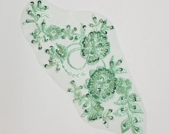 Long beaded sequin applique, mint, embroidered floral applique, for your dance costume, leotard or DIY hair piece, sequins +beads